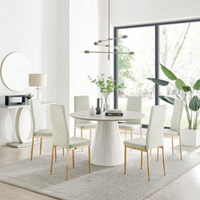 Furniturebox Palma Beige Stone Effect Round 4-6 Seater Pedestal Dining Table & 6 Cream Velvet Milan Gold Leg Chairs