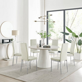 Furniturebox Palma Beige Stone Effect Round 4-6 Seater Pedestal Dining Table & 6 Cream Velvet Milan Silver Leg Chairs