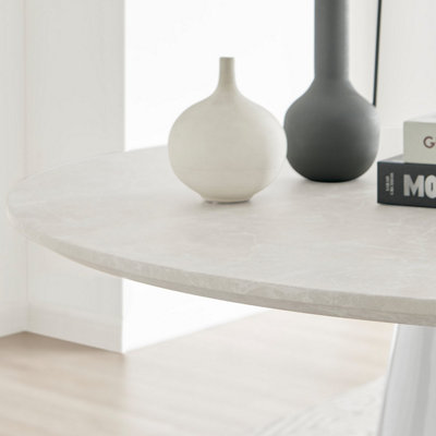 Furniturebox Palma Beige Stone Effect Round 4-6 Seater Pedestal Dining Table & 6 Cream Velvet Milan Silver Leg Chairs