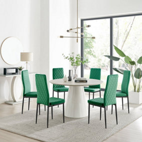 Furniturebox Palma Beige Stone Effect Round 4-6 Seater Pedestal Dining Table & 6 Green Velvet Milan Black Leg Chairs
