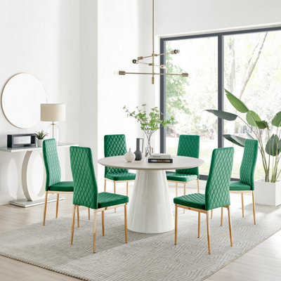 Furniturebox Palma Beige Stone Effect Round 4-6 Seater Pedestal Dining Table & 6 Green Velvet Milan Gold Leg Chairs