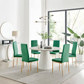 Furniturebox Palma Beige Stone Effect Round 4-6 Seater Pedestal Dining Table & 6 Green Velvet Milan Gold Leg Chairs