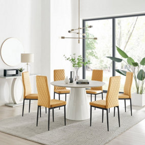 Furniturebox Palma Beige Stone Effect Round 4-6 Seater Pedestal Dining Table & 6 Mustard Velvet Milan Black Leg Chairs