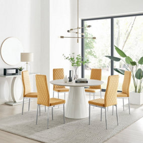 Furniturebox Palma Beige Stone Effect Round 4-6 Seater Pedestal Dining Table & 6 Mustard Velvet Milan Silver Leg Chairs