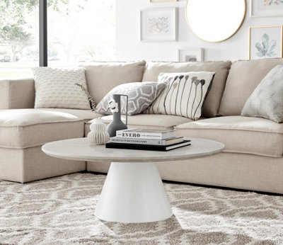 Furniturebox Palma Round Beige Stone Effect Coffee Table with Pedestal Pillar Base in Natural Stone Finish for Modern Living Room
