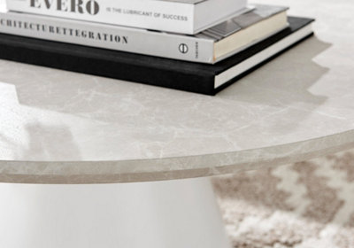 Furniturebox Palma Round Beige Stone Effect Coffee Table with Pedestal Pillar Base in Natural Stone Finish for Modern Living Room