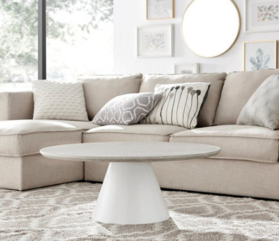 Furniturebox Palma Round Beige Stone Effect Coffee Table with Pedestal Pillar Base in Natural Stone Finish for Modern Living Room