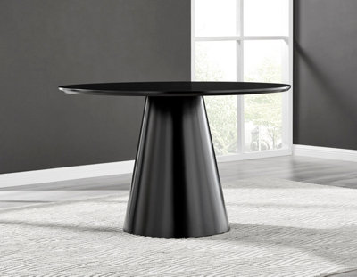 Furniturebox Palma Round Black 6 Seat Dining Table with Pedestal Pillar Base and Semi-Matte for Modern Minimalist Industrial Look