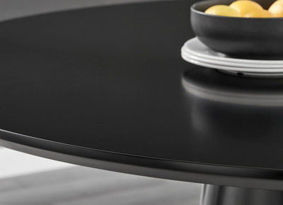Furniturebox Palma Round Black 6 Seat Dining Table with Pedestal Pillar Base and Semi-Matte for Modern Minimalist Industrial Look