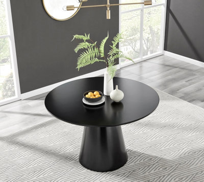 Furniturebox Palma Round Black 6 Seat Dining Table with Pedestal Pillar Base and Semi-Matte for Modern Minimalist Industrial Look