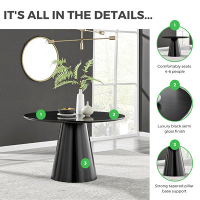 Furniturebox Palma Round Black 6 Seat Dining Table with Pedestal Pillar Base and Semi-Matte for Modern Minimalist Industrial Look