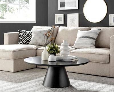 Furniturebox Palma Round Black Coffee Table with Pedestal Pillar Base and Semi-Matte Finish for Modern Minimalist Industrial Look