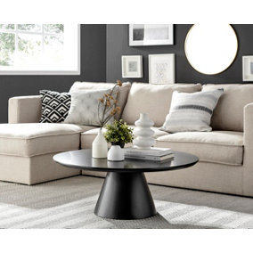 Furniturebox Palma Round Black Coffee Table with Pedestal Pillar Base and Semi-Matte Finish for Modern Minimalist Industrial Look