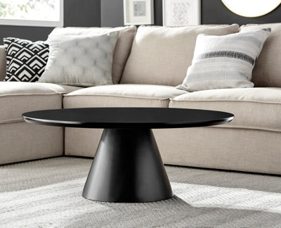 Furniturebox Palma Round Black Coffee Table with Pedestal Pillar Base and Semi Matte Finish for Modern