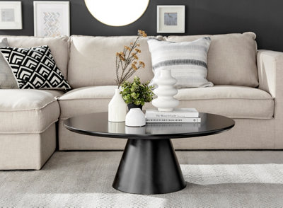 Furniturebox Palma Round Black Coffee Table with Pedestal Pillar Base and Semi-Matte Finish for Modern Minimalist Industrial Look
