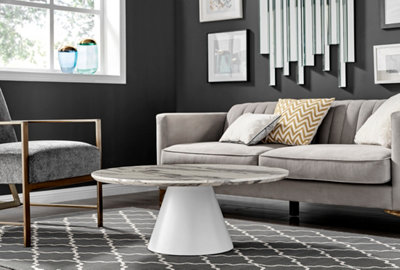 Furniturebox Palma Round White Marble Effect Coffee Table with Pedestal Pillar Base in Semi-Matte Finish for Modern Living Room