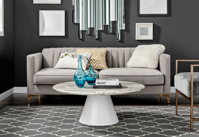 Furniturebox Palma Round White Marble Effect Coffee Table with Pedestal Pillar Base in Semi-Matte Finish for Modern Living Room