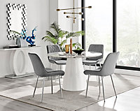 Furniturebox Palma White Marble Effect Round 4-6 Seater Pedestal Dining Table & 4 Elephant Grey Velvet Pesaro Silver Leg Chairs