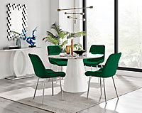 Furniturebox Palma White Marble Effect Round 4-6 Seater Pedestal Dining Table & 4 Green Velvet Pesaro Silver Leg Chairs