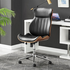 Furniturebox Parker Black Faux Leather Moulded Wooden Back Mid Century Computer Desk Office Gaming Wheeled Adjustable Swivel Chair