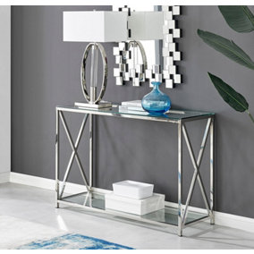 Furniturebox Regent Glass and Chrome Cross End Wooden Console Table