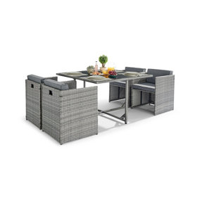 Furniturebox Rhodes Grey 4 Seater PE Rattan Outdoor Dining Set With Square Table And Grey Chair Cushions For Gardens and Patios