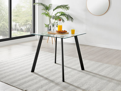 Furniturebox Seattle 4 Seater Glass and Black Metal Leg Square Dining Table For A Scandinavian Minimalist Look