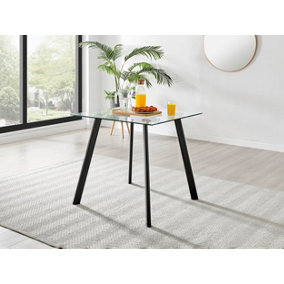 Furniturebox Seattle 4 Seater Glass and Black Metal Leg Square Dining Table For A Scandinavian Minimalist Look