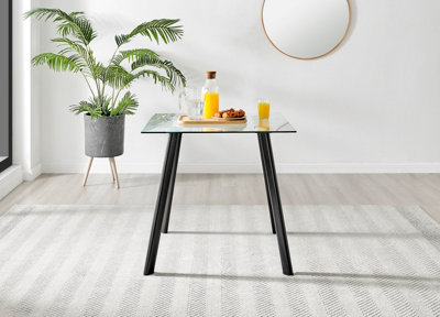 Furniturebox Seattle 4 Seater Glass and Black Metal Leg Square Dining Table For A Scandinavian Minimalist Look