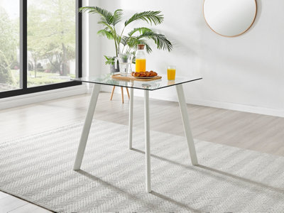 Furniturebox Seattle 4 Seater Glass and White Metal Leg Square Dining Table For A Scandinavian Minimalist Look