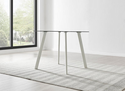 Furniturebox Seattle 4 Seater Glass and White Metal Leg Square Dining Table For A Scandinavian Minimalist Look