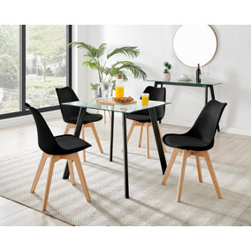 Furniturebox Seattle Scandi Inspired Glass and Black Leg Square Dining Table & 4 Black Cushioned Stockholm Beech Wood Leg Chairs