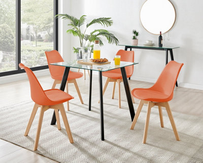 Furniturebox Seattle Scandi Inspired Glass and Black Leg Square Dining Table & 4 Orange Cushioned Stockholm Beech Wood Leg Chairs