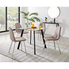 Furniturebox Seattle Scandi Inspired Glass and Black Metal Leg Square Dining Table & 4 Beige Corona Faux Leather Silver Leg Chairs