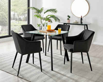 Furniturebox Seattle Scandi Inspired Glass and Black Metal Leg Square Dining Table & 4 Black Calla Velvet Black Leg Chairs