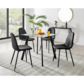 Furniturebox Seattle Scandi Inspired Glass and Black Metal Leg Square Dining Table & 4 Black Corona Faux Leather Black Leg Chairs