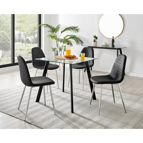 Furniturebox Seattle Scandi Inspired Glass and Black Metal Leg Square Dining Table & 4 Black Corona Faux Leather Silver Leg Chairs