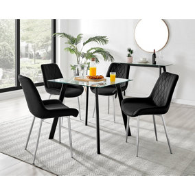 Furniturebox Seattle Scandi Inspired Glass and Black Metal Leg Square Dining Table & 4 Black Pesaro Velvet Silver Leg Chairs