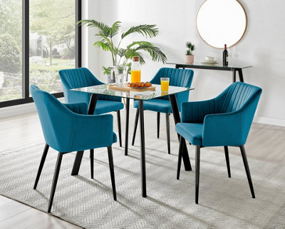 Furniturebox Seattle Scandi Inspired Glass and Black Metal Leg Square Dining Table & 4 Blue Calla Velvet Black Leg Chairs