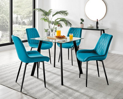 Furniturebox Seattle Scandi Inspired Glass and Black Metal Leg Square Dining Table & 4 Blue Pesaro Velvet Black Leg Chairs