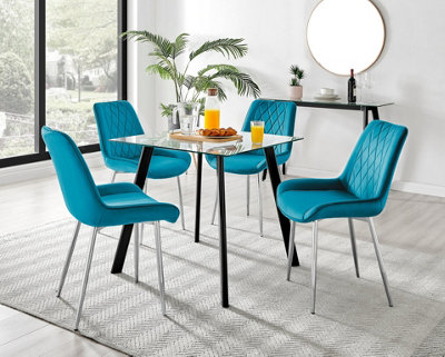 Furniturebox Seattle Scandi Inspired Glass and Black Metal Leg Square Dining Table & 4 Blue Pesaro Velvet Silver Leg Chairs