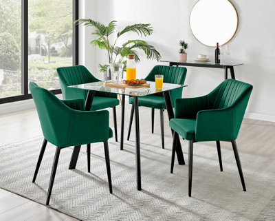 Furniturebox Seattle Scandi Inspired Glass and Black Metal Leg Square Dining Table & 4 Green Calla Velvet Black Leg Chairs