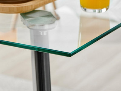 Furniturebox Seattle Scandi Inspired Glass and Black Metal Leg Square Dining Table & 4 Green Calla Velvet Black Leg Chairs