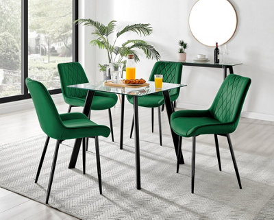 Furniturebox Seattle Scandi Inspired Glass and Black Metal Leg Square Dining Table & 4 Green Pesaro Velvet Black Leg Chairs