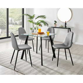 Furniturebox Seattle Scandi Inspired Glass and Black Metal Leg Square Dining Table & 4 Grey Corona Faux Leather Black Leg Chairs