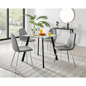 Furniturebox Seattle Scandi Inspired Glass and Black Metal Leg Square Dining Table & 4 Grey Corona Faux Leather Silver Leg Chairs