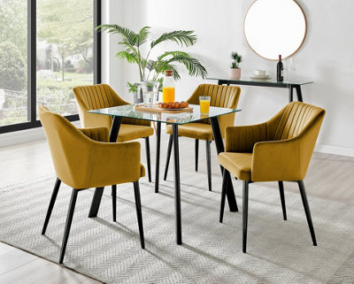 Furniturebox Seattle Scandi Inspired Glass and Black Metal Leg Square Dining Table & 4 Mustard Calla Velvet Black Leg Chairs