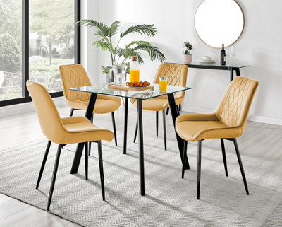 Furniturebox Seattle Scandi Inspired Glass and Black Metal Leg Square Dining Table & 4 Mustard Pesaro Velvet Black Leg Chairs