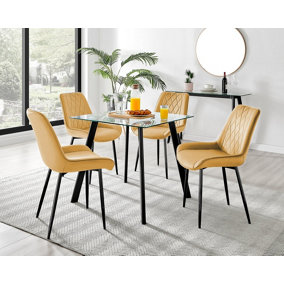 Furniturebox Seattle Scandi Inspired Glass and Black Metal Leg Square Dining Table & 4 Mustard Pesaro Velvet Black Leg Chairs