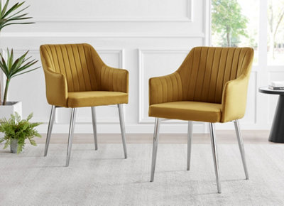 Furniturebox Seattle Scandi Inspired Glass and Black Metal Leg Square Dining Table & 4 Mustard Pesaro Velvet Black Leg Chairs